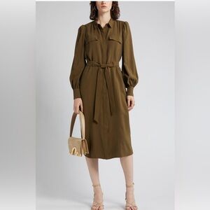 Nordstrom Two Pocket Tie Waist Long Sleeve Utitlity Shirtdress, Army Green